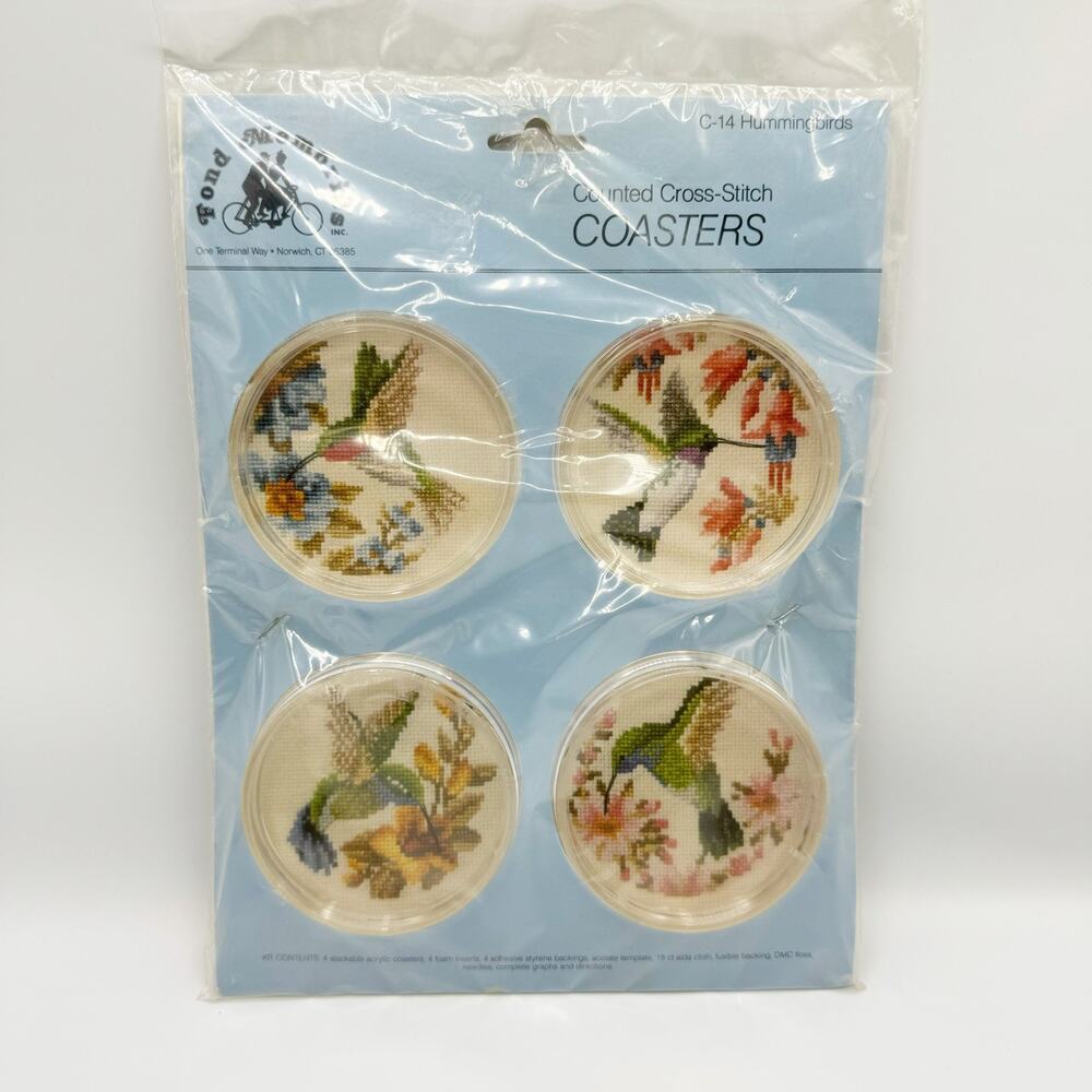 Fond Memories 4 HUMMINGBIRDS Counted Cross Stitch Acrylic Coasters C-14 Kit